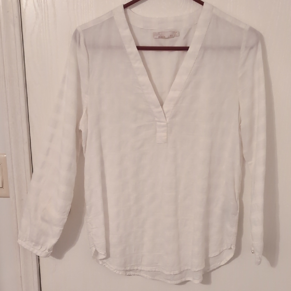 Prana White 3/4 Sleeve Mandarin Collar Blouse